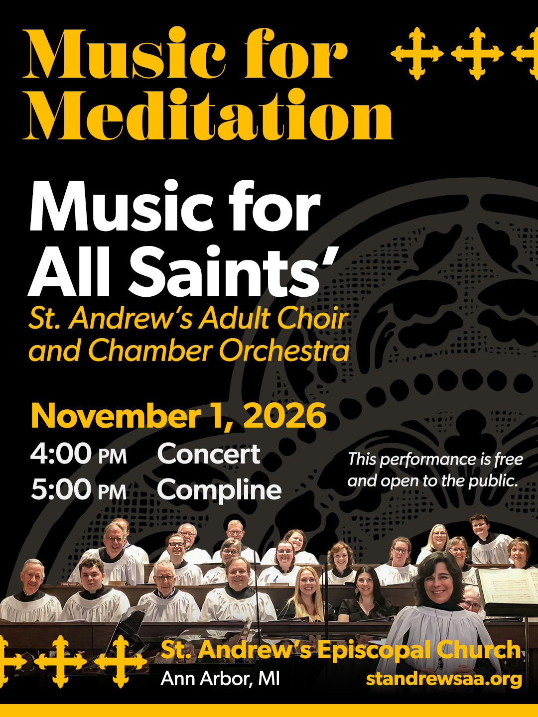 Poster for 'Music for Meditation' concert by the St Andrew's Adult Choir, November 1, 2026, 4pm at St. Andrew's Episcopal Church, Ann Arbor, MI, free and open to the public